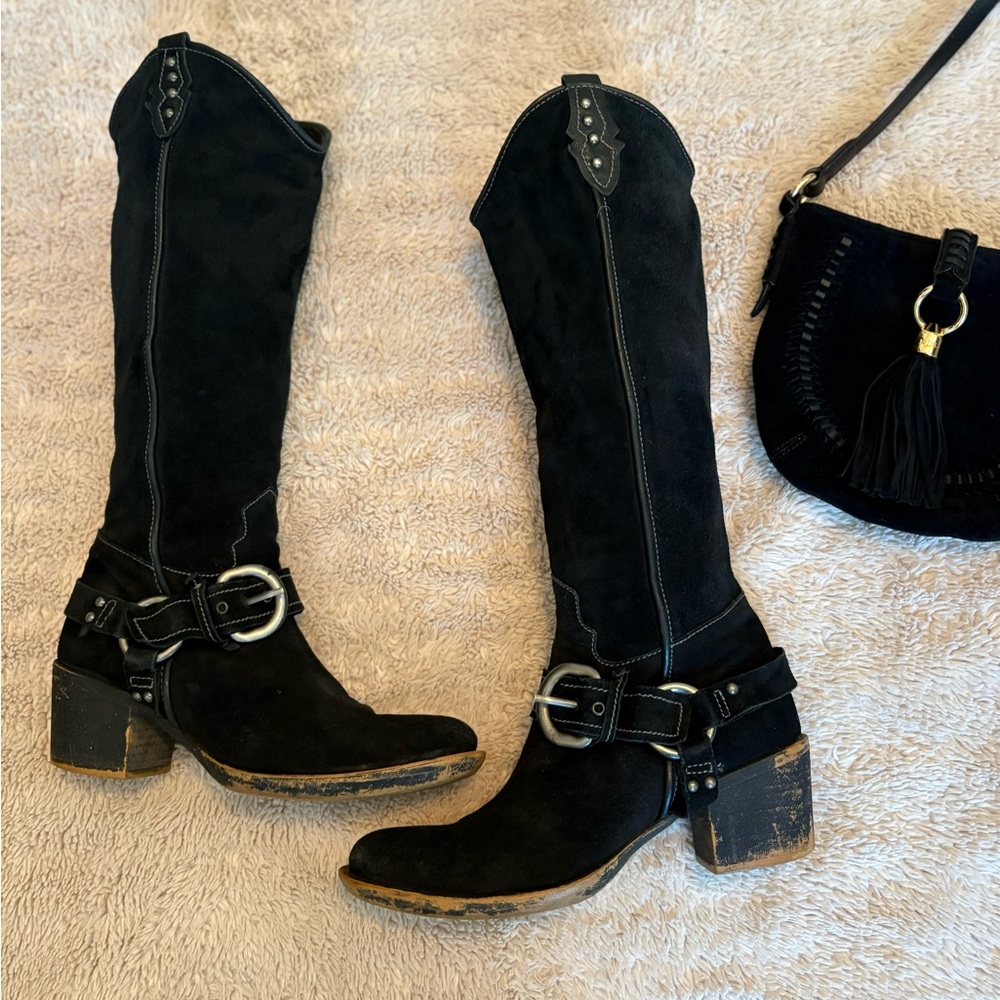 👢🔥 Apepazza Genuine Leather Black Suede Cowboy Western Boot Size 9